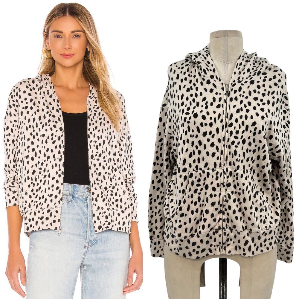 Monrow Cheetah Boxy Zip‎ Up Hoodie Sweatshirt Bone Cream Black Size Medium